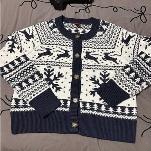 Dec 25th Knit Sweater Cardigan Women's large Black White Reindeer Snowflake